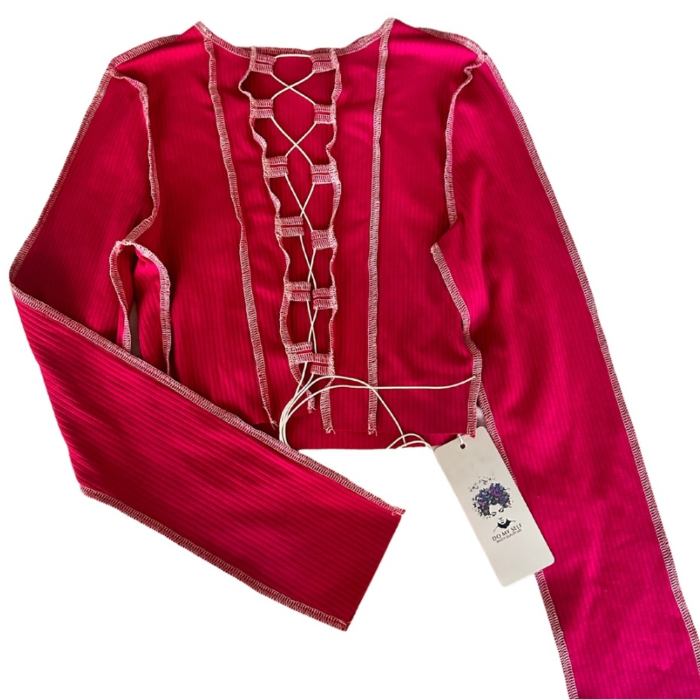 Fuchsia Lace Up Long Sleeve Crop Top